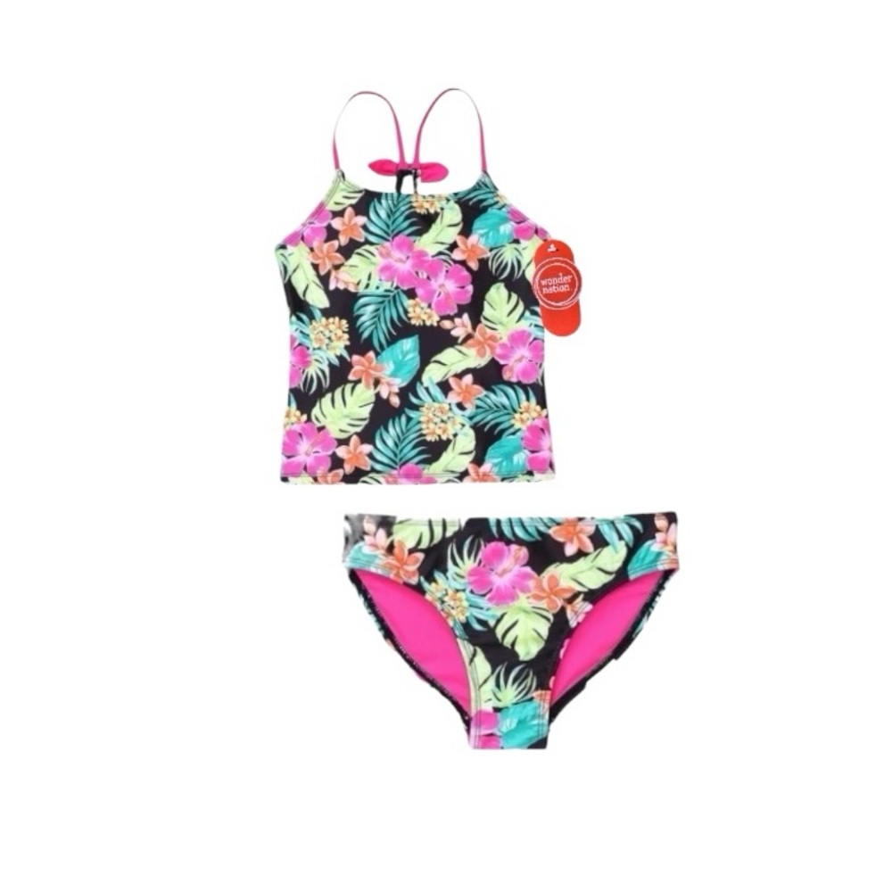 Wonder Nation Black and Pink Tropical Halter Tankini Bikini Set Floral Design